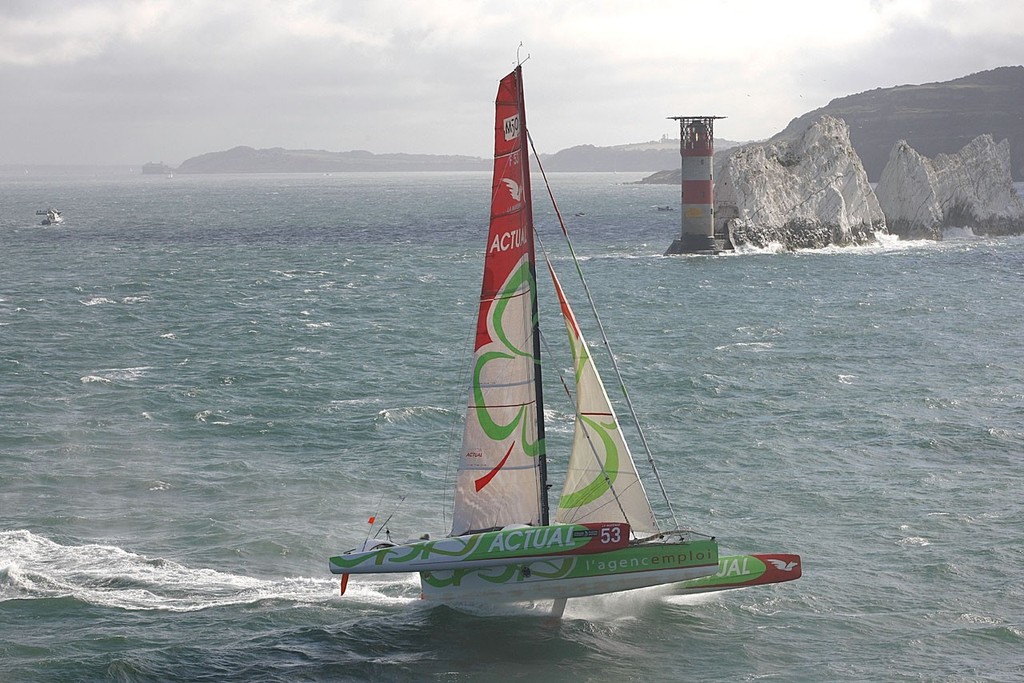 Actual, the French Multi 50 Trimaran, bears off for maximum speed around the Needles, eventually taking line honours in the J.P. Morgan Asset Management Round the Island Race 2012 © onEdition http://www.onEdition.com